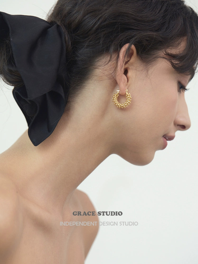Shiny Bead Wave Hoop Pierced Earrings_BDHL7685