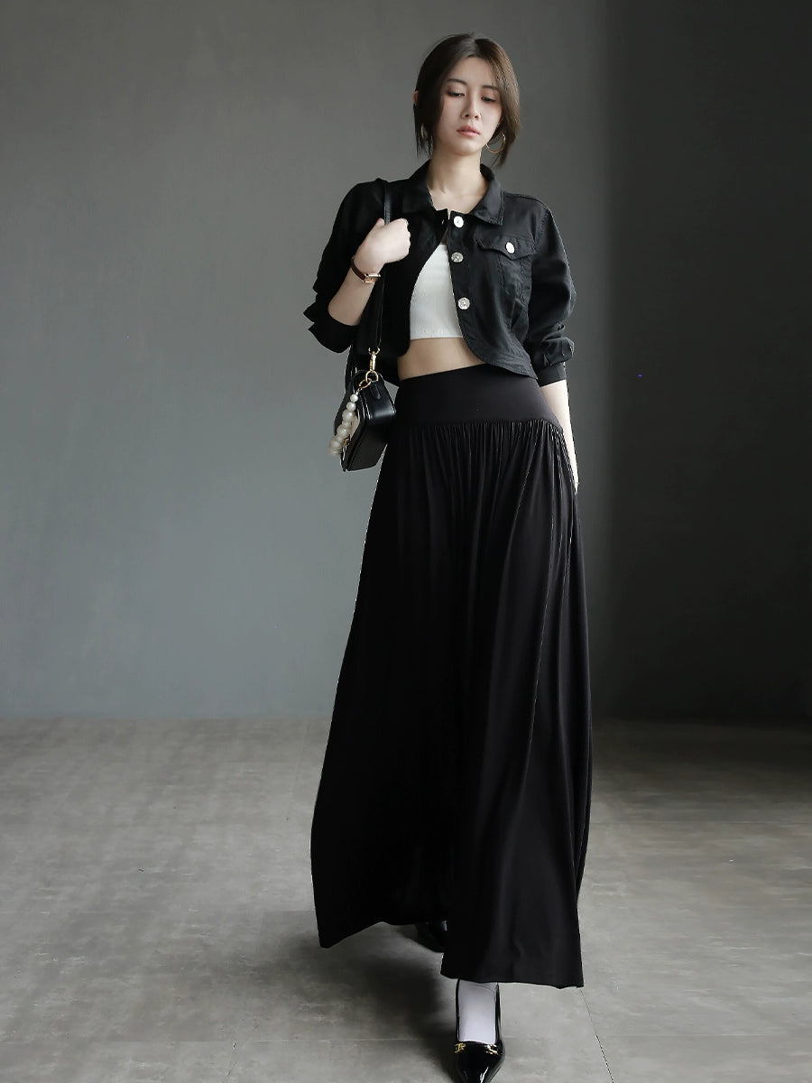 Diagonal Design Pleated Long Skirt_BDHL6073