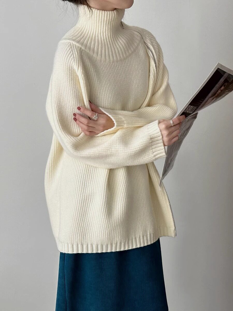 Zipper Turtleneck Loose Knit Tops_BDHL8036