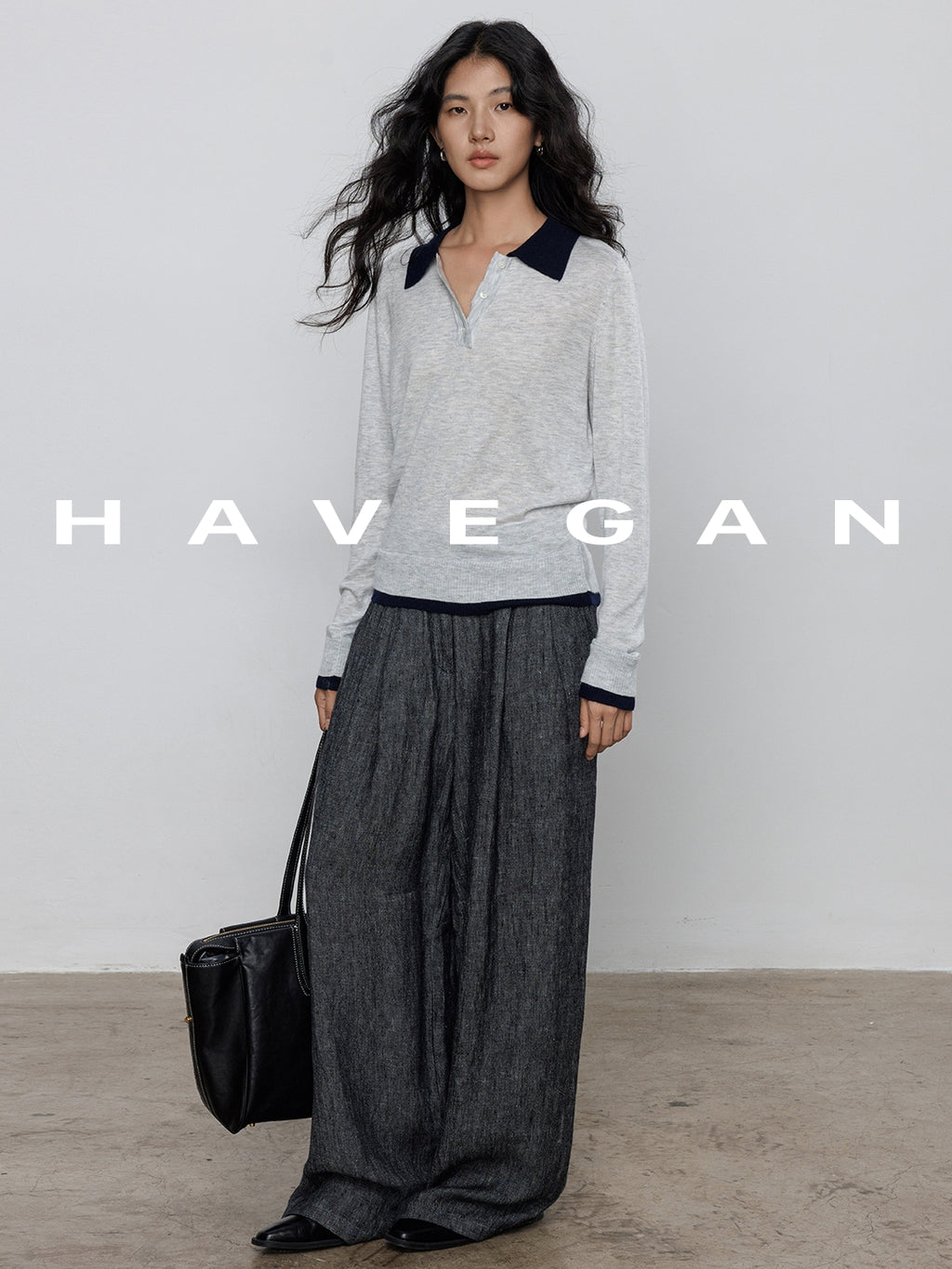 Contrast Collar Long-Sleeved Tops_BDHL7694
