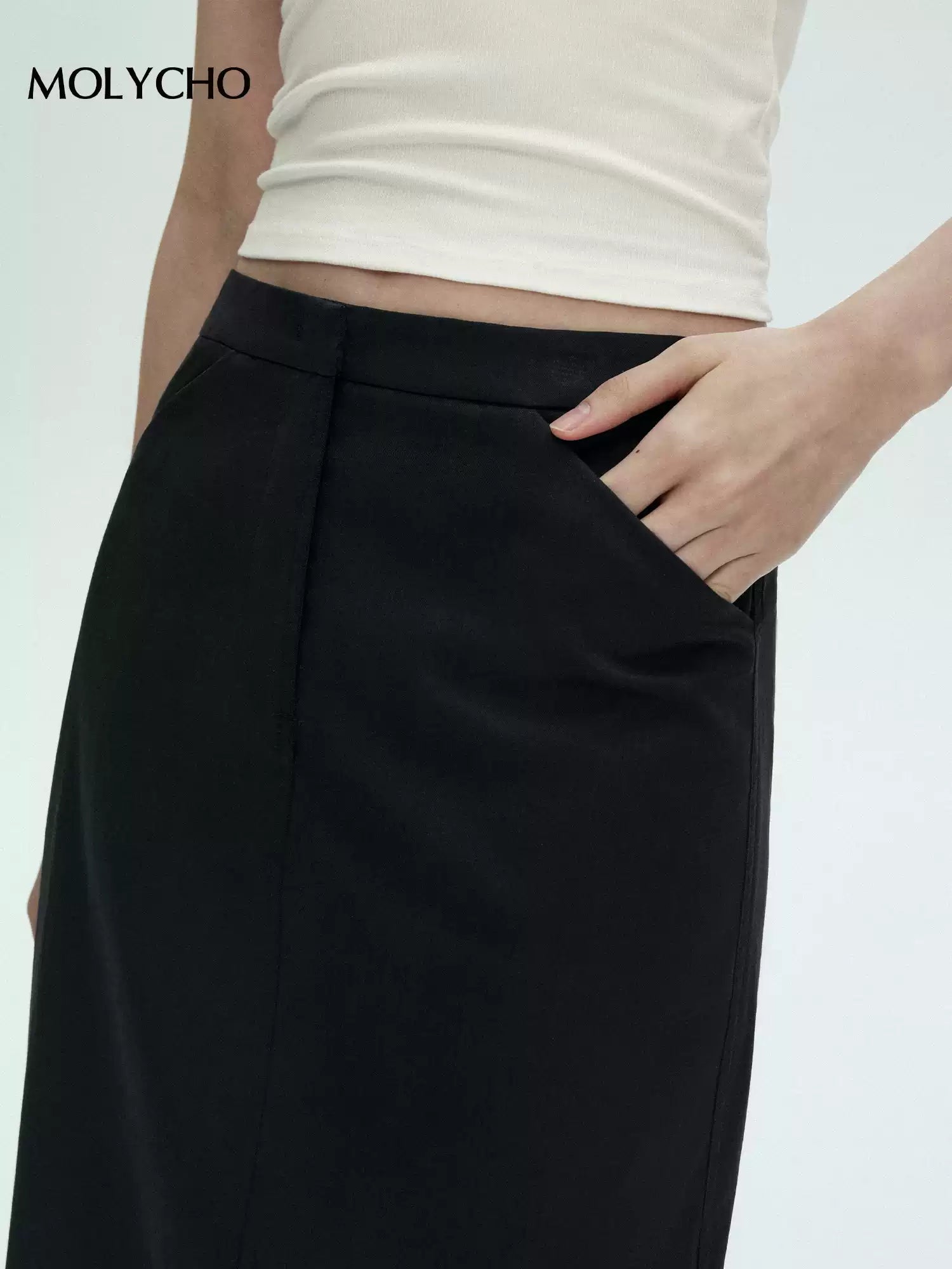 Black Long Straight Skirt_BDHL7428