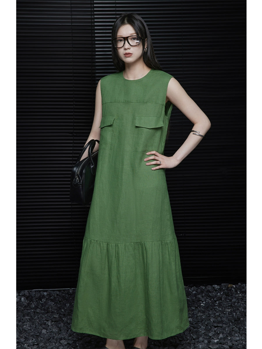 Linen sleeveless sleeveless relaxed green dress_BDHL5907