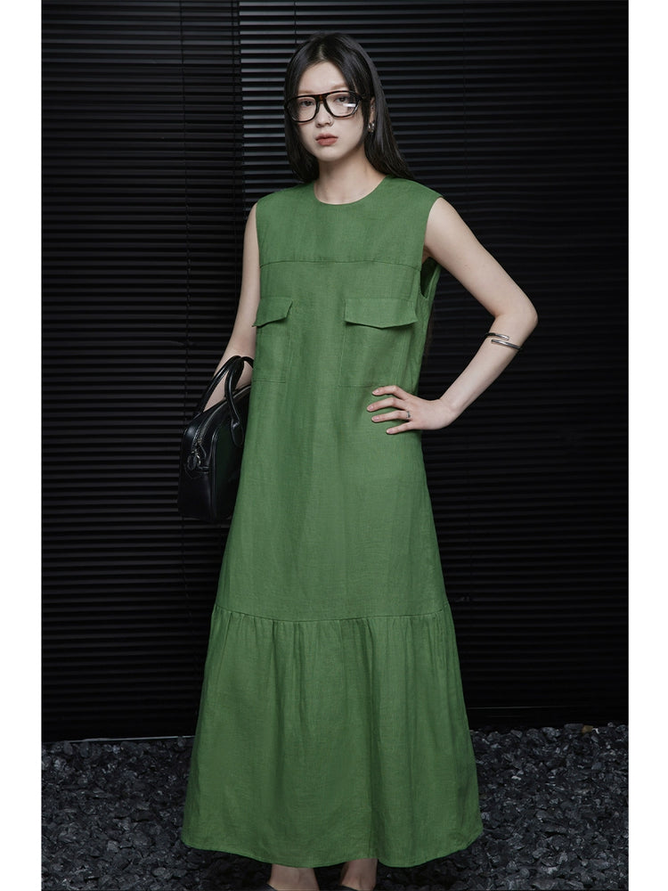 Linen sleeveless relaxed green dress_BDHL5907