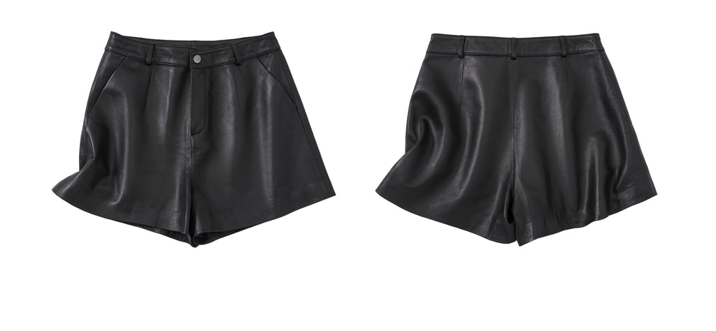 Black Matte Lambskin Leather Shorts_BDHL7663