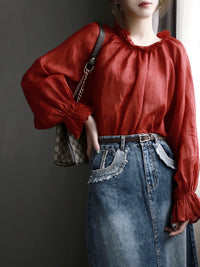 Collar Ribbon Bell Sleeve Shirt_BDHL7270