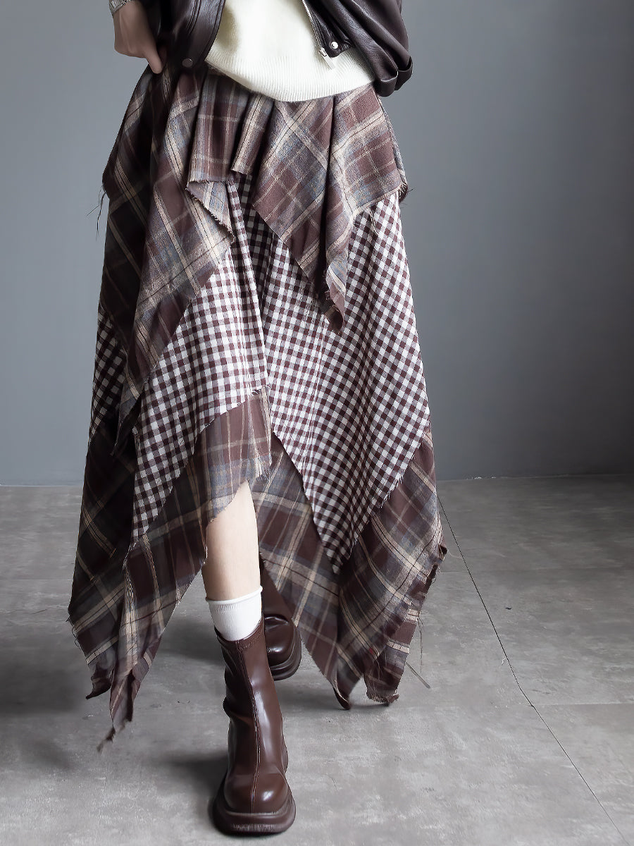 Checkered Asymmetrical Midi Skirt_BDHL7933