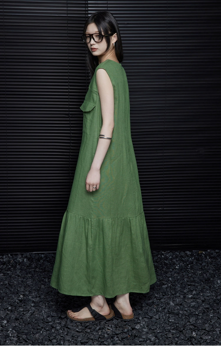 Linen sleeveless sleeveless relaxed green dress_BDHL5907