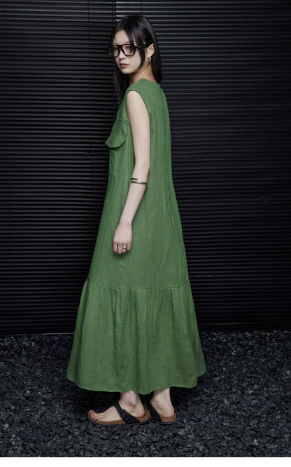 Linen sleeveless relaxed green dress_BDHL5907