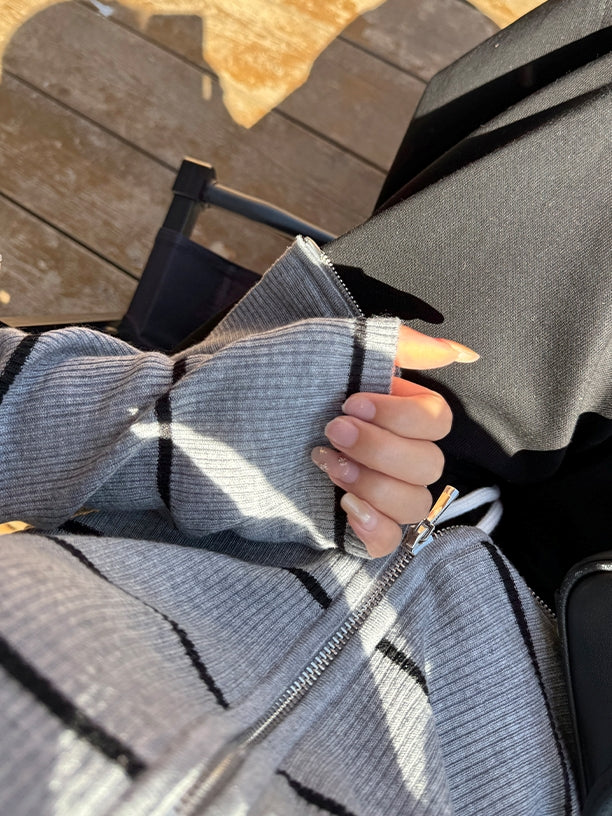 Striped Zip-Up Knit Cardigan_BDHL7660