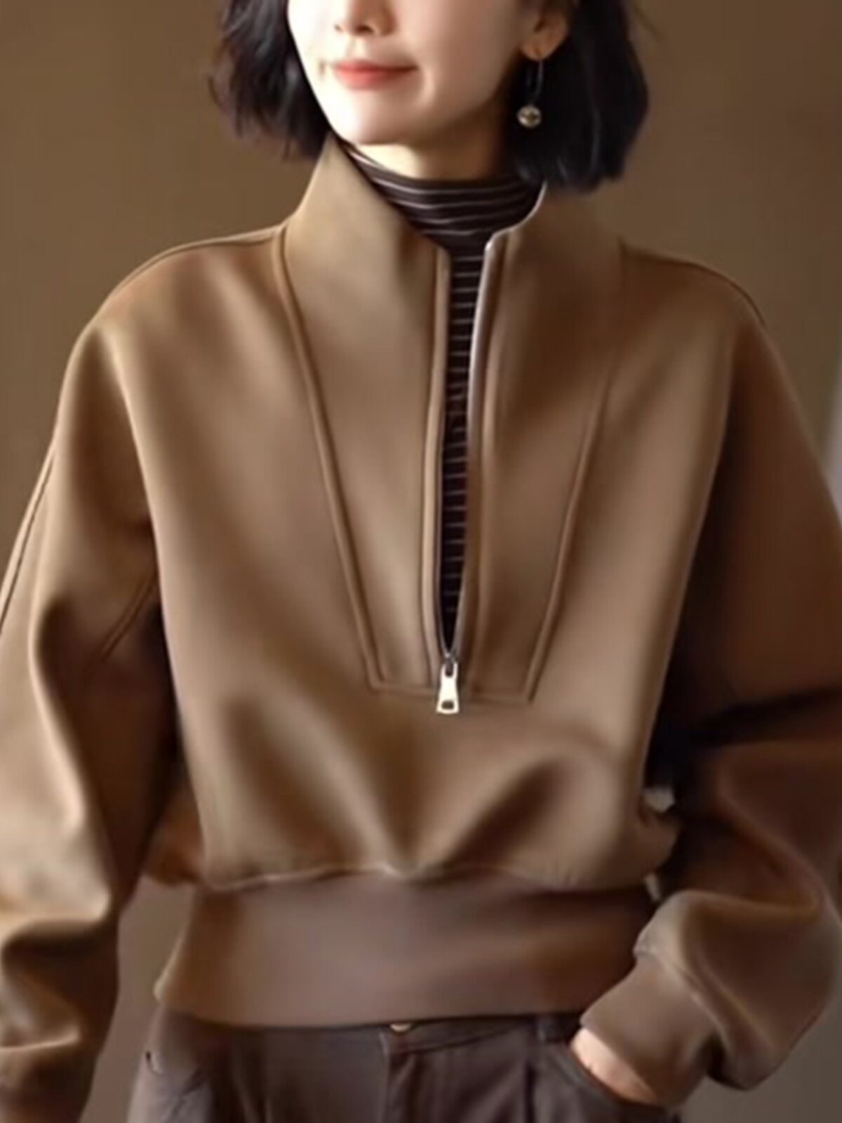 Brown Half-Zip Sweatshirt Tops_BDHL8041