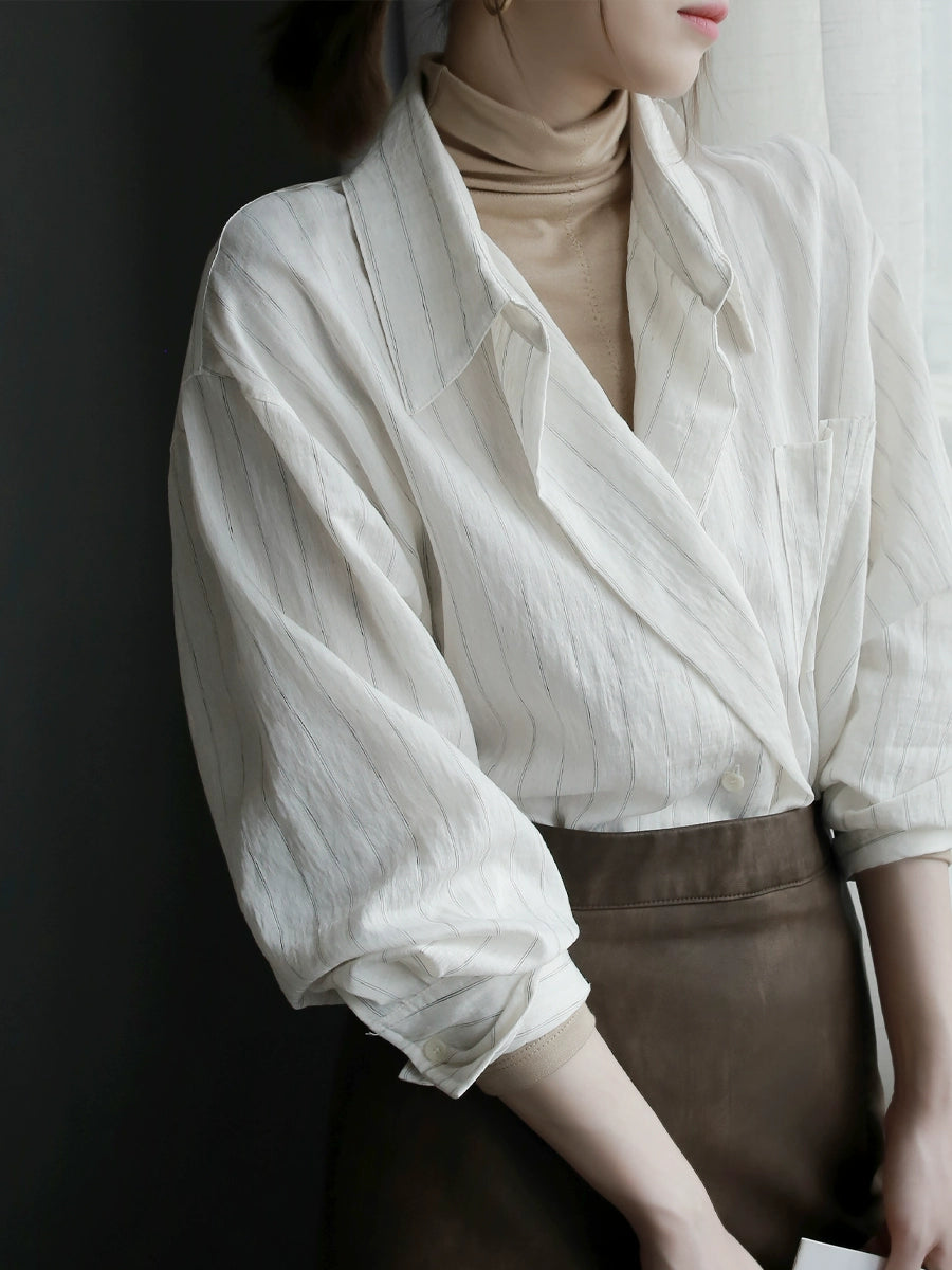 [In Stock/Only 1 Item] Striped Two-Button Relaxed Fit Cardigan Shirt_LCHK356