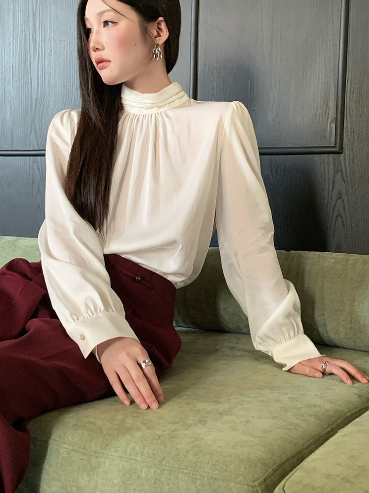 Stand Collar Tucked Blouse_BDHL6454