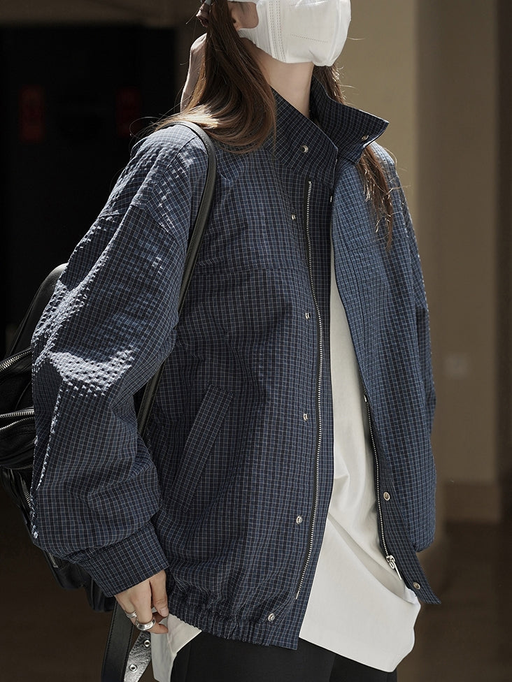 Check-Patterned Stand-Collar Jacket_BDHL7770