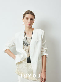 White Slim Collarless Jacket_BDHL6120