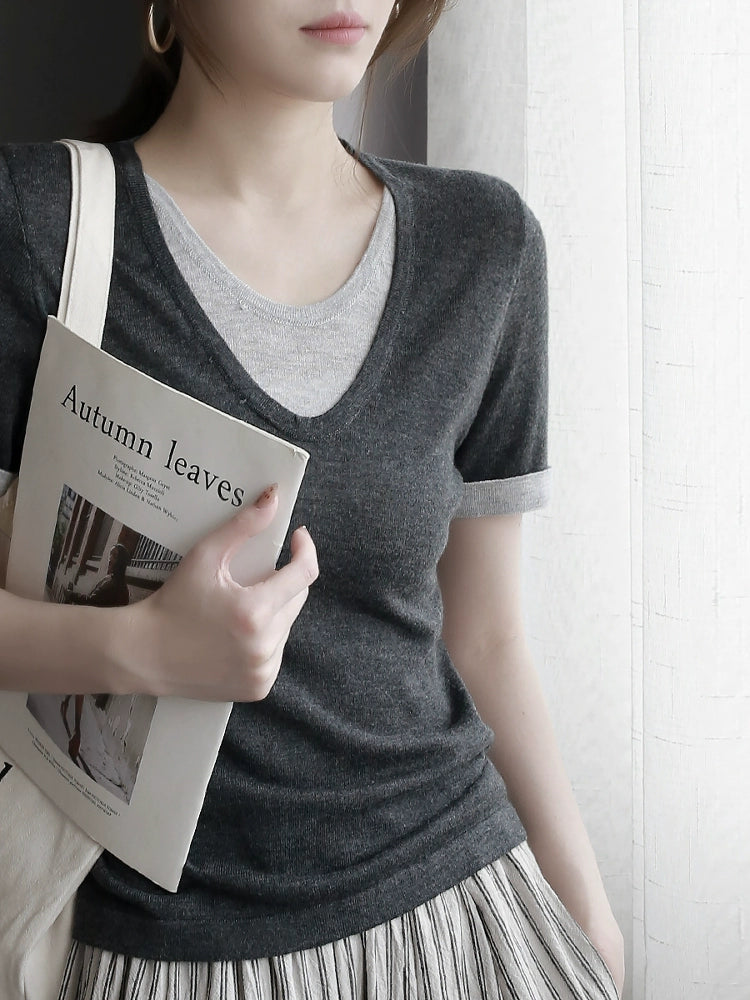 Soft Crew Neck Fake Two-Piece Knit Tee_BDHL7313