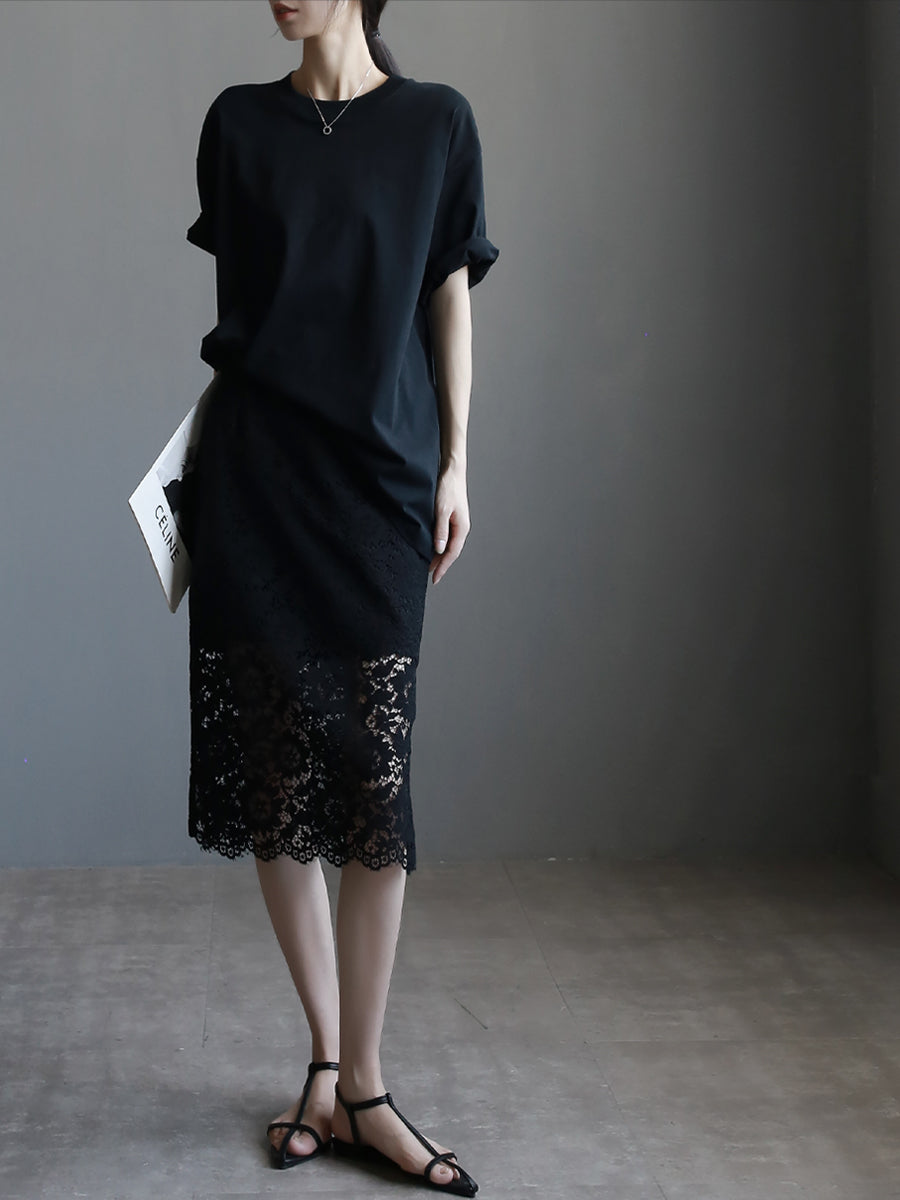 Round Neck Shirt And Fishtail Skirt Set_BDHL7635