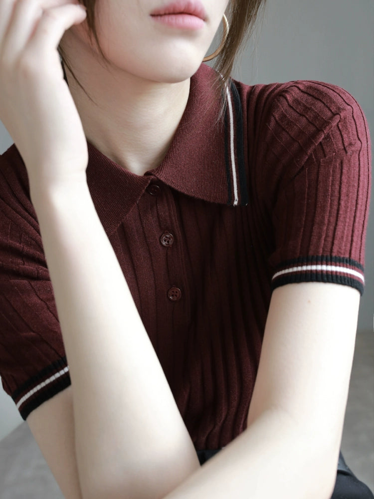 Small Lapel Contrast Knit Polo Top_BDHL7305