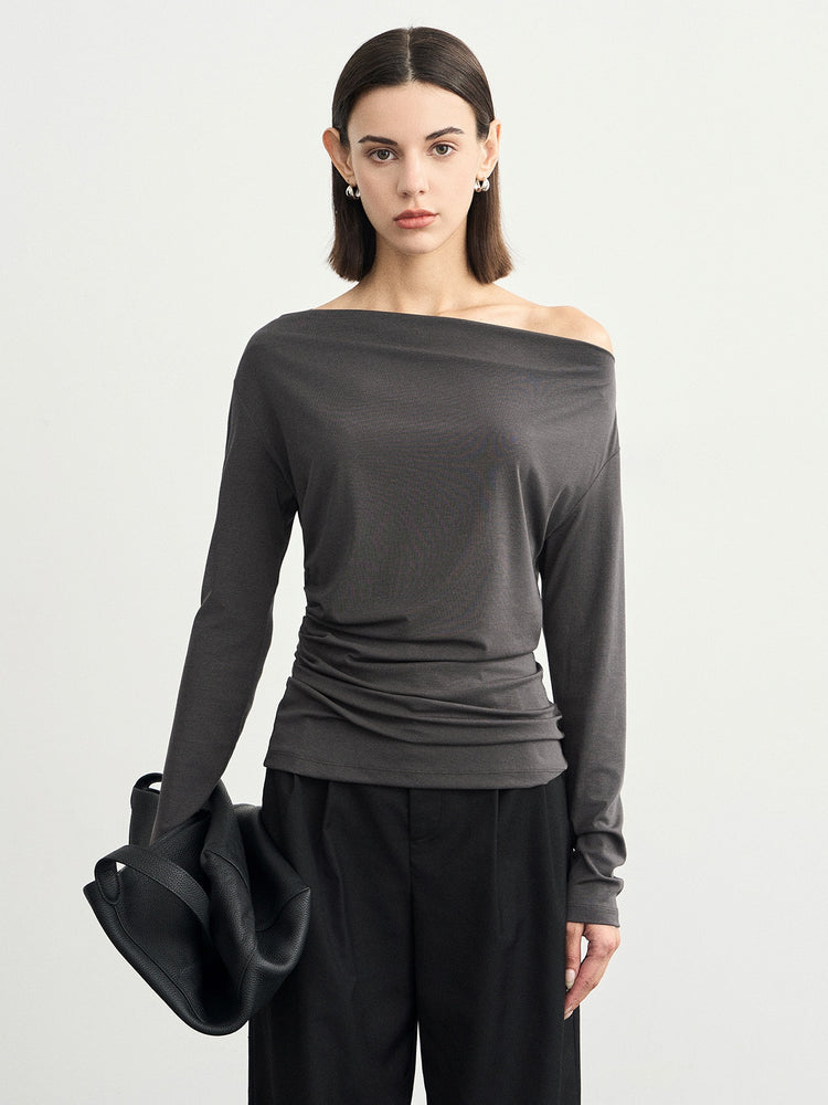 Gray One-Shoulder Pleated Tops_BDHL6539