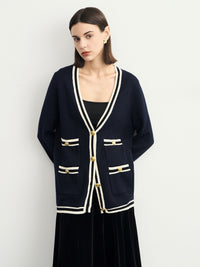 Bicoloured V-Neck Knitted Cardigan_BDHL6626