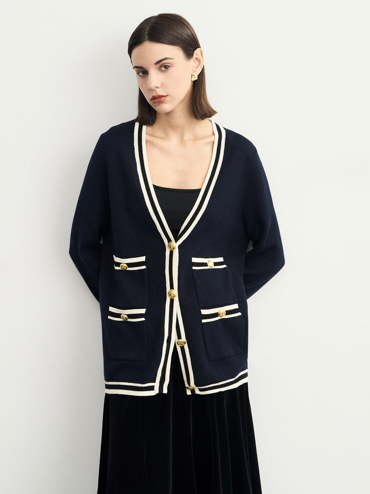 Bicoloured V-Neck Knitted Cardigan_BDHL6626