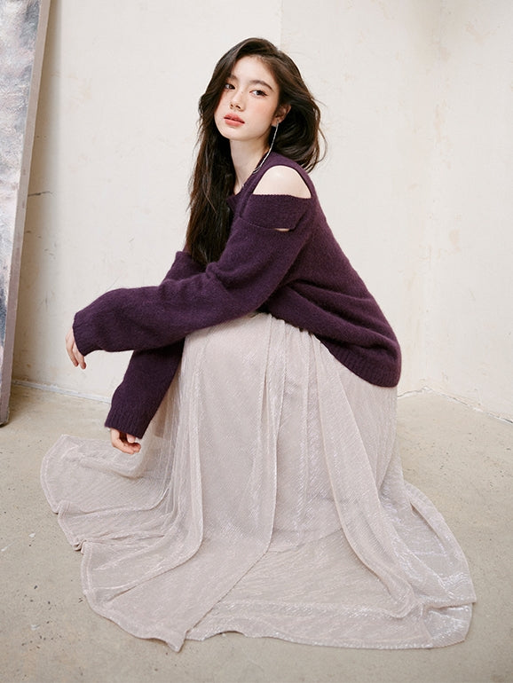 Purple Shoulder Cut-out Sweater_BDHL6746