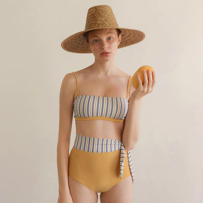 High Waist Striped Split Bandeau Bikini_HL3233