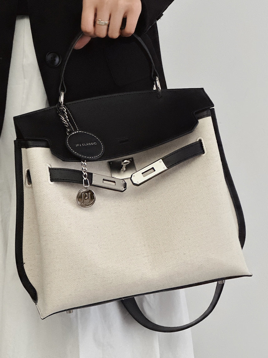 Contrast Color Structured Leather Shoulder Tote_BDHL7453