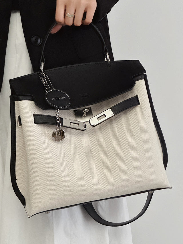 Contrast Colour Structured Leather Shoulder Tote_BDHL7453