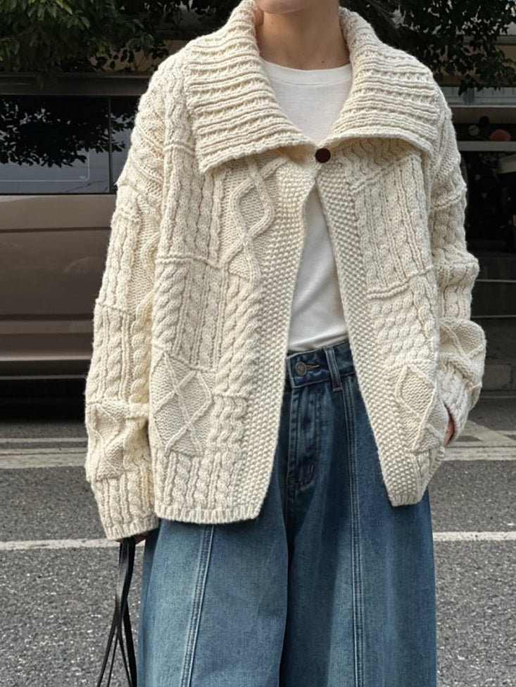 領口飾邊麻花針織開襟衫_BDHL8135