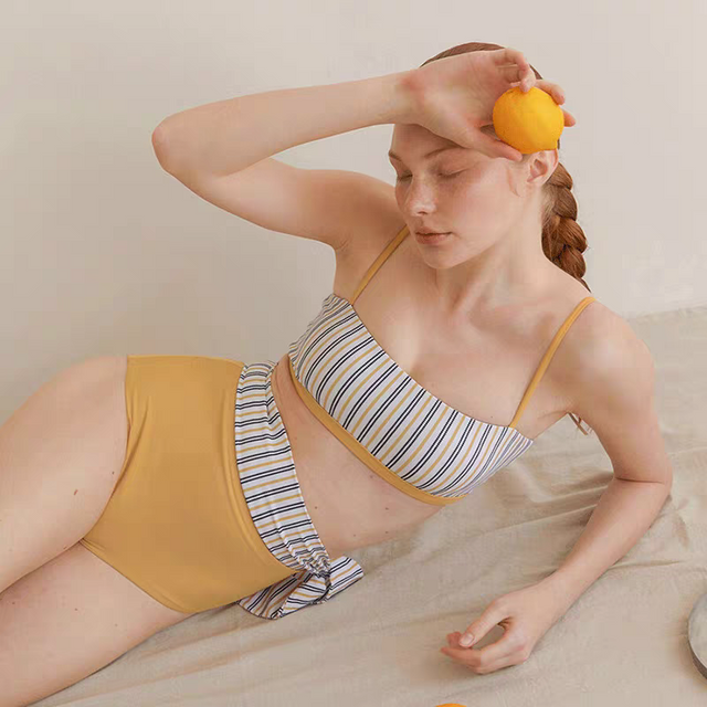 High Waist Striped Split Bandeau Bikini_HL3233