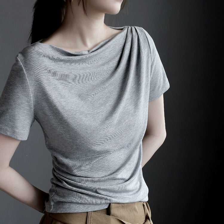 Swing Collar Side Lace Tencel Short Sleeve T-Shirt_BDHL7300