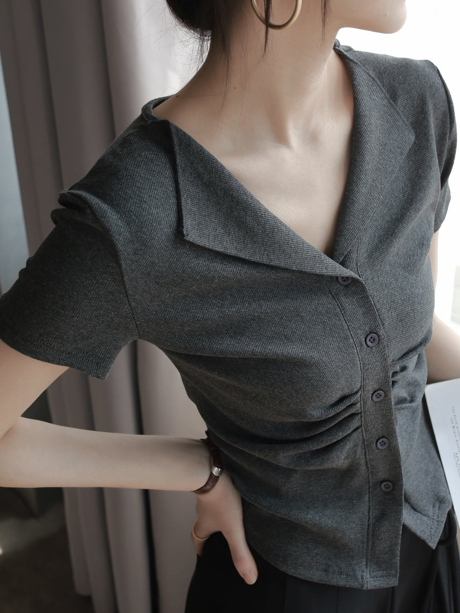 Waist Pleated Front Button Tops_BDHL7581