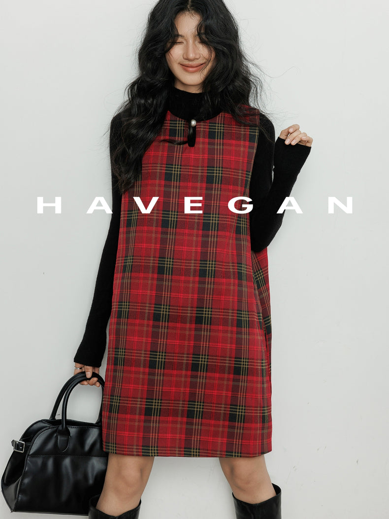 Plaid Red Sleeveless A-Line Dress_BDHL7061