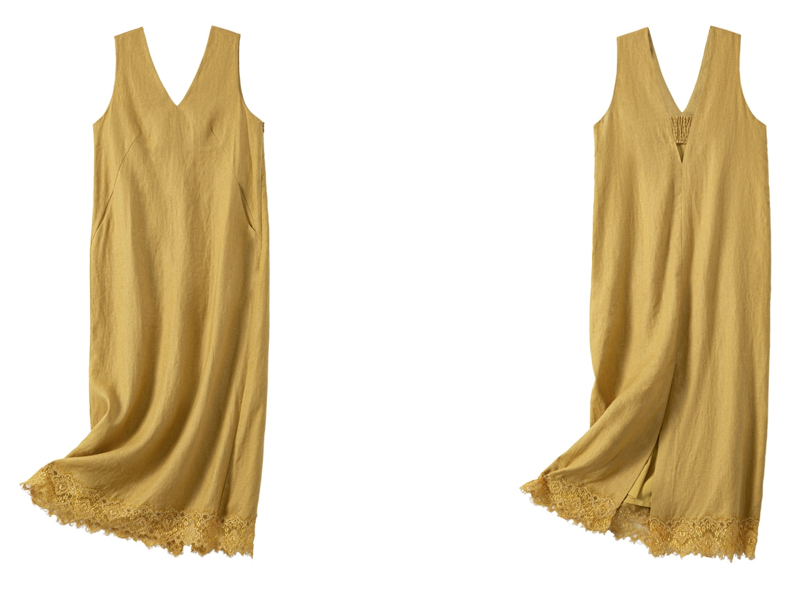 Lace Hem Deep V-Neck Dress_BDHL7623