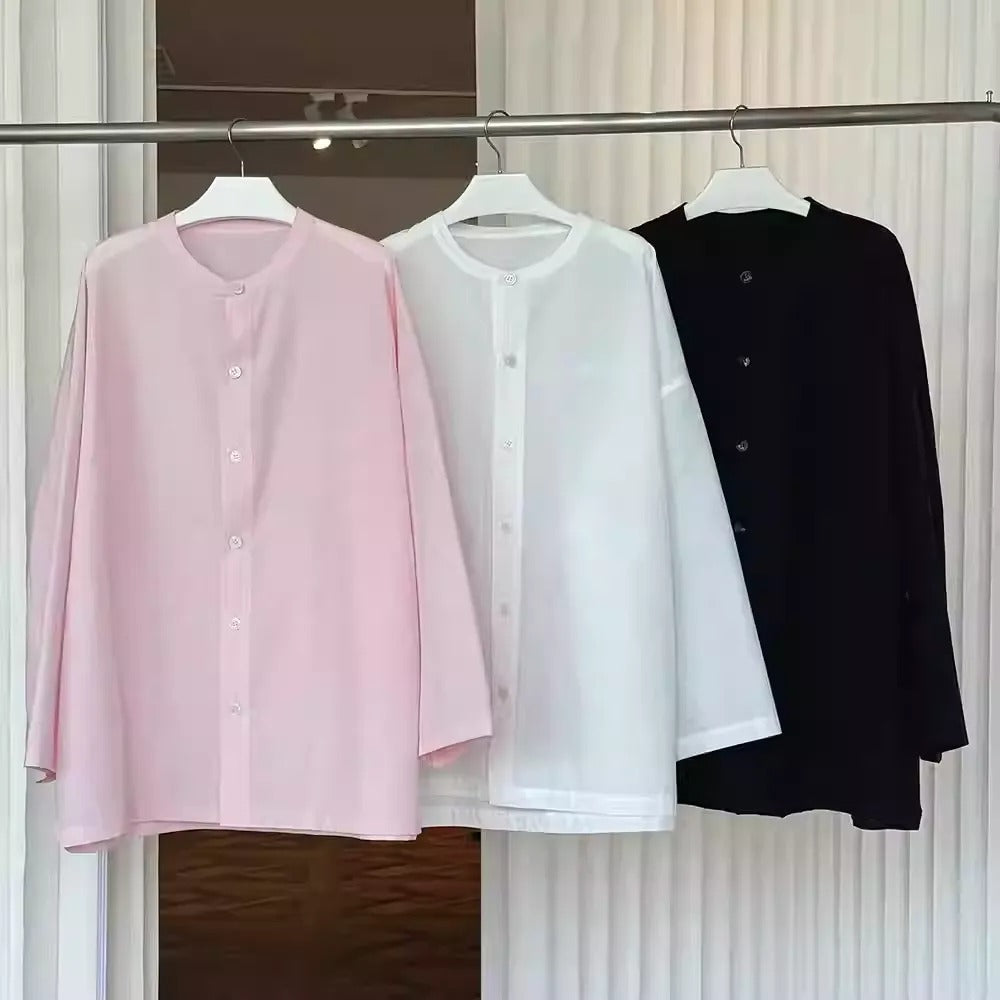 Round Neck Loose-Fitting Shirt_BDHL7377