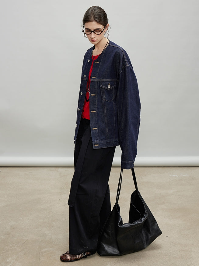 Retro Collarless Denim Jacket_BDHL7197