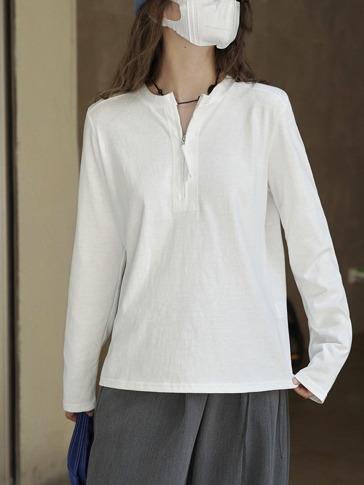 Simple Half-Zip Long-Sleeved Tops_BDHL7776