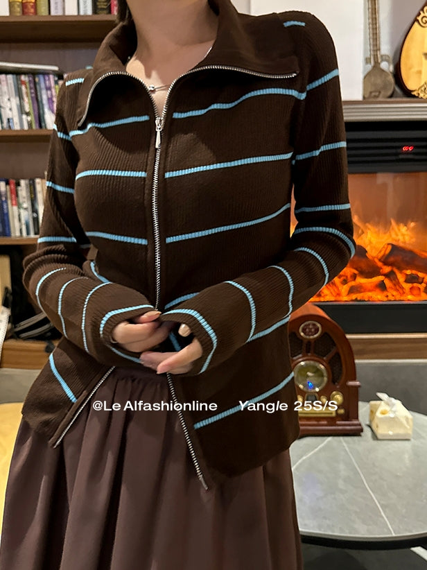 Striped Zip-Up Knit Cardigan_BDHL7660
