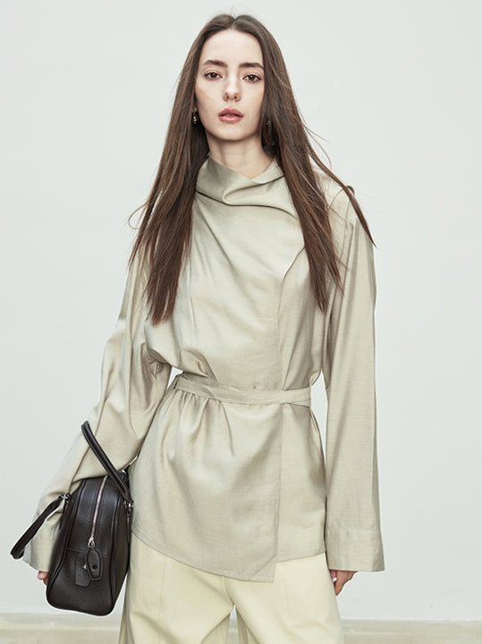 Draped Collar Ribbon Shirt_BDHL7100