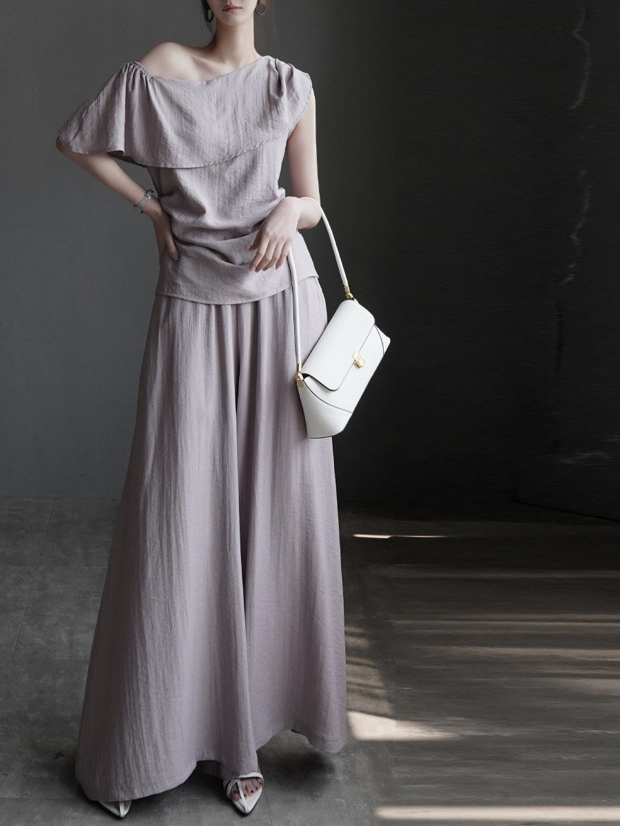 Ruffle Shoulder Top and Wide Pants Set_BDHL8354