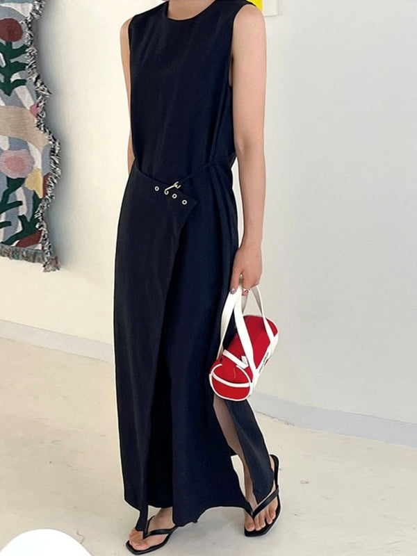 Side Buckle Sleeveless Dress_BDHL7566
