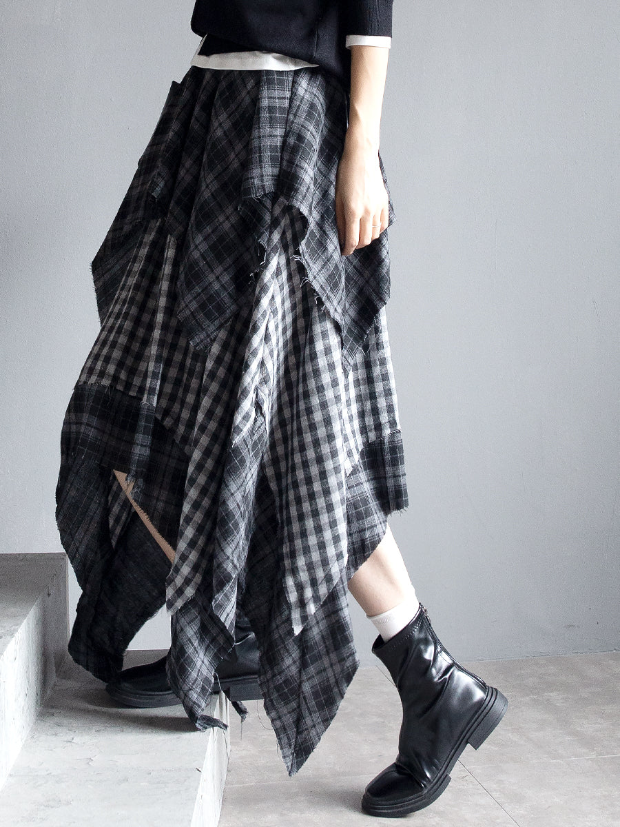 Checkered Asymmetrical Midi Skirt_BDHL7933