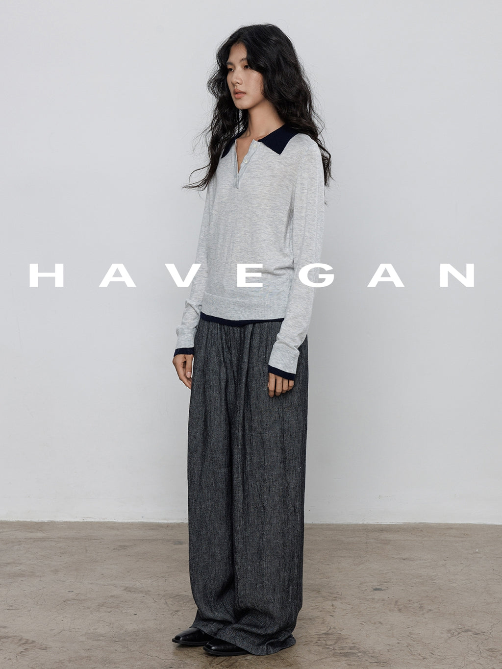 Contrast Collar Long-Sleeved Tops_BDHL7694