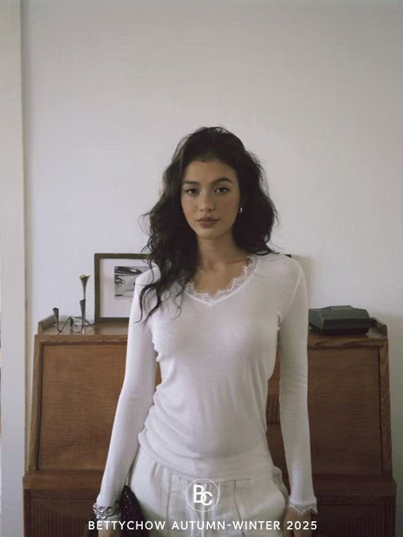 蕾絲V領長袖上衣_BDHL8058