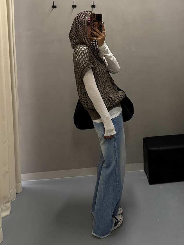 Hooded Hollow Knit Cardigan_BDHL7157