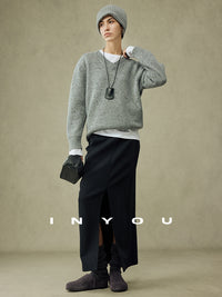 V-neck Grey Knitted Tops_BDHL6907