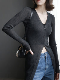 V-Neck Ribbed Long Cardigan_BDHL6510