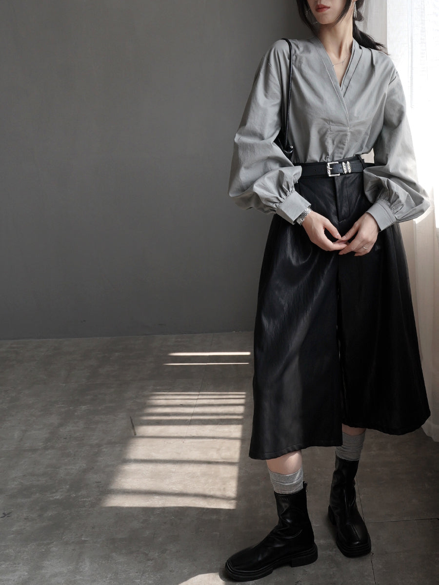 V-Neck Lantern Sleeve Tops_BDHL7914