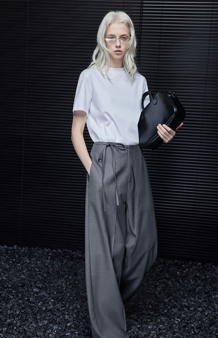 Grey Waist Tie Wide Pants_BDHL7035