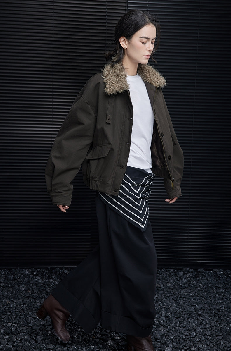 Loose-Fit Fur-Collar Brown Jacket_BDHL7867